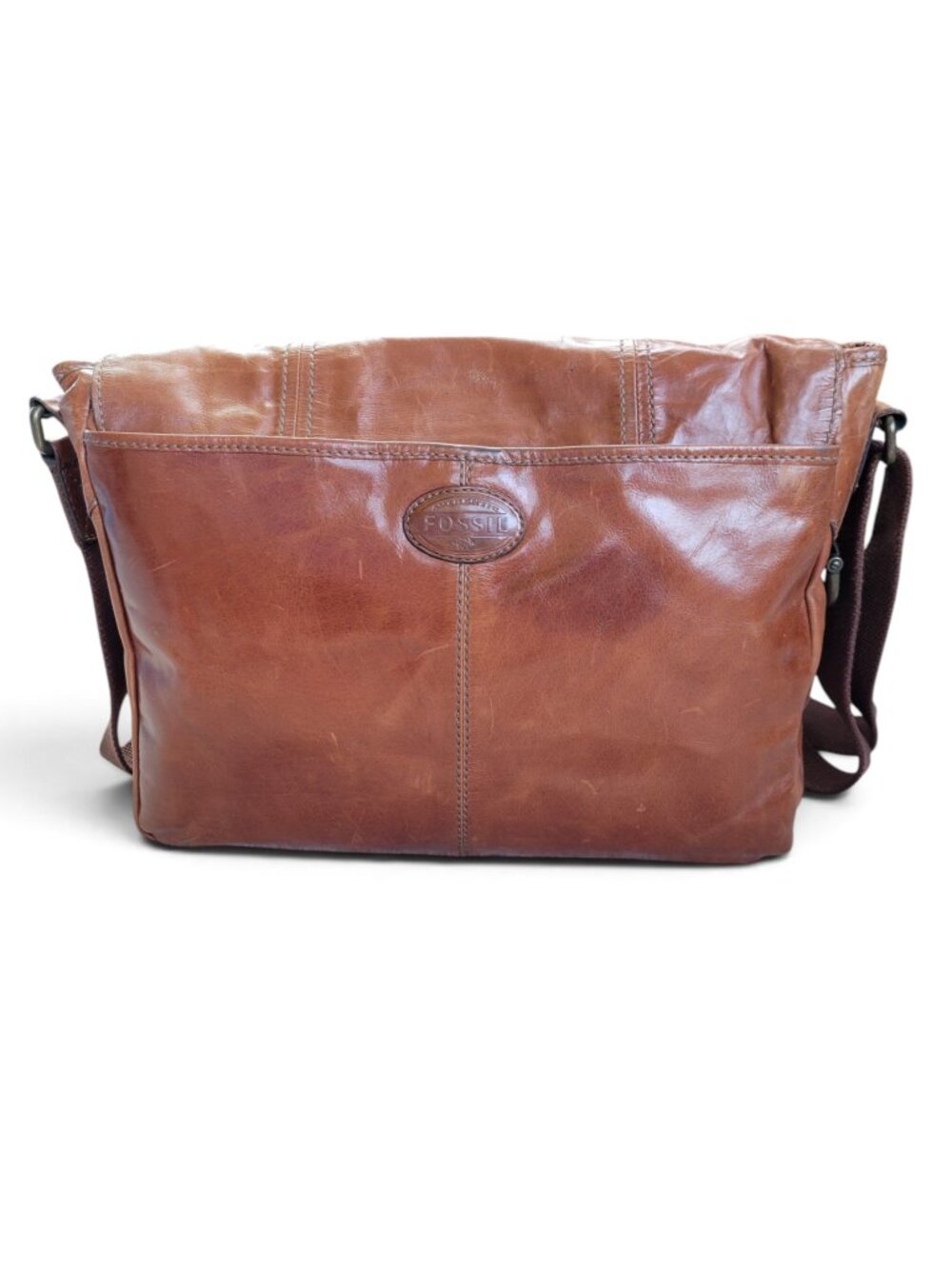 Fossil Cognac Brown Leather Messenger Bag with Adjustable Strap and Pockets - Picture 2 of 16